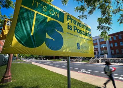 An "It's On Us" campaign sign was placed across Martin Residence Hall on the Baylor...