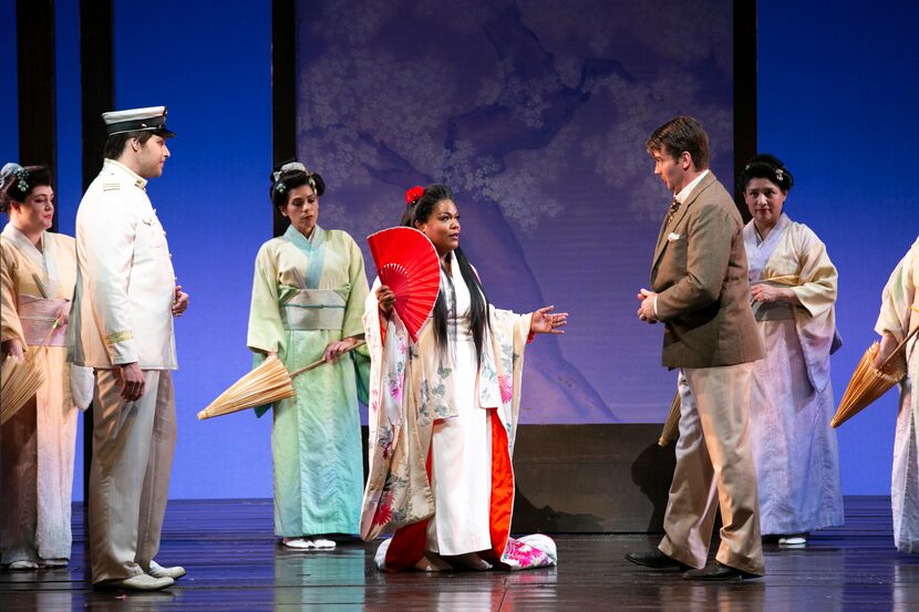 Evan LeRoy Johnson (left, as Pinkerton), Latonia Moore (Cio-Cio-San, center) and Michael...