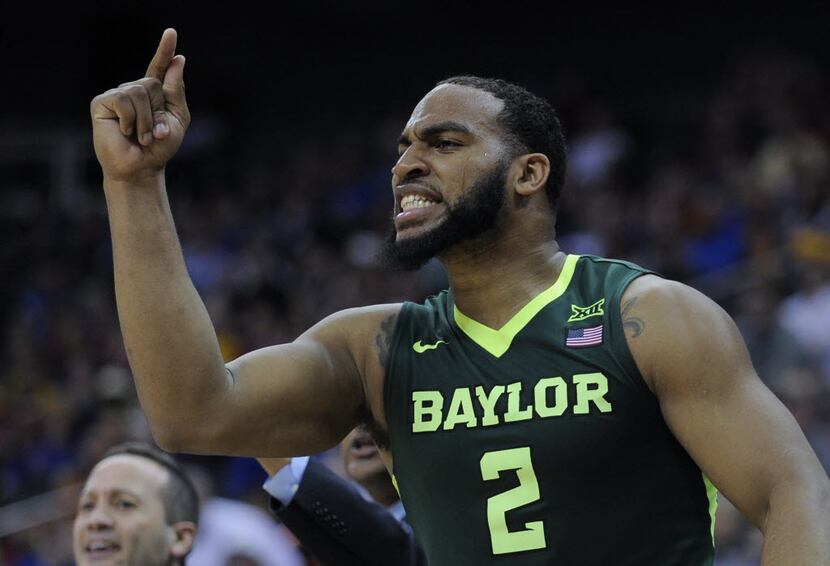 KANSAS CITY, MO - MARCH 10:  Rico Gathers #2 of the Baylor Bears cheers on his team during a...