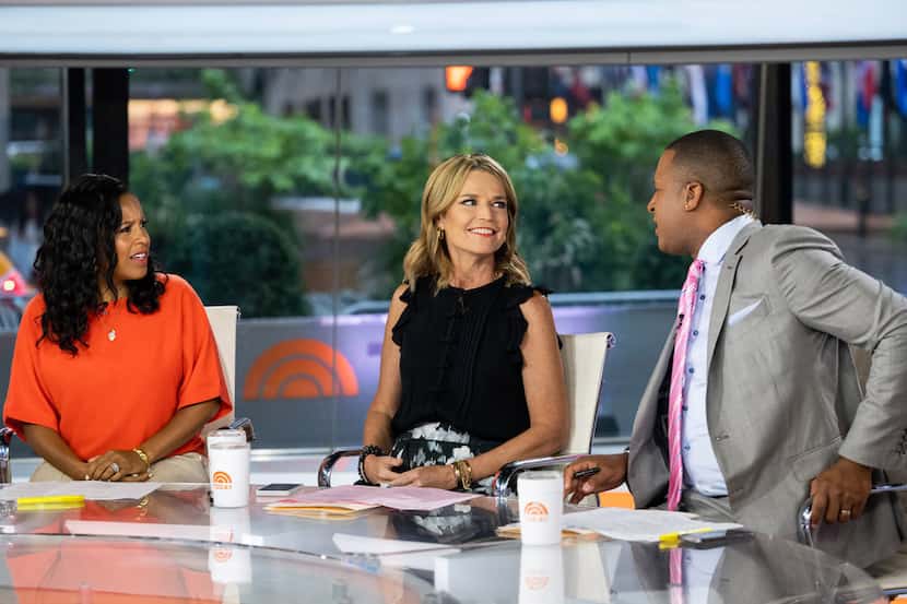 Sheinelle Jones, Savannah Guthrie and Craig Melvin on the "Today" show set. "Today" had...