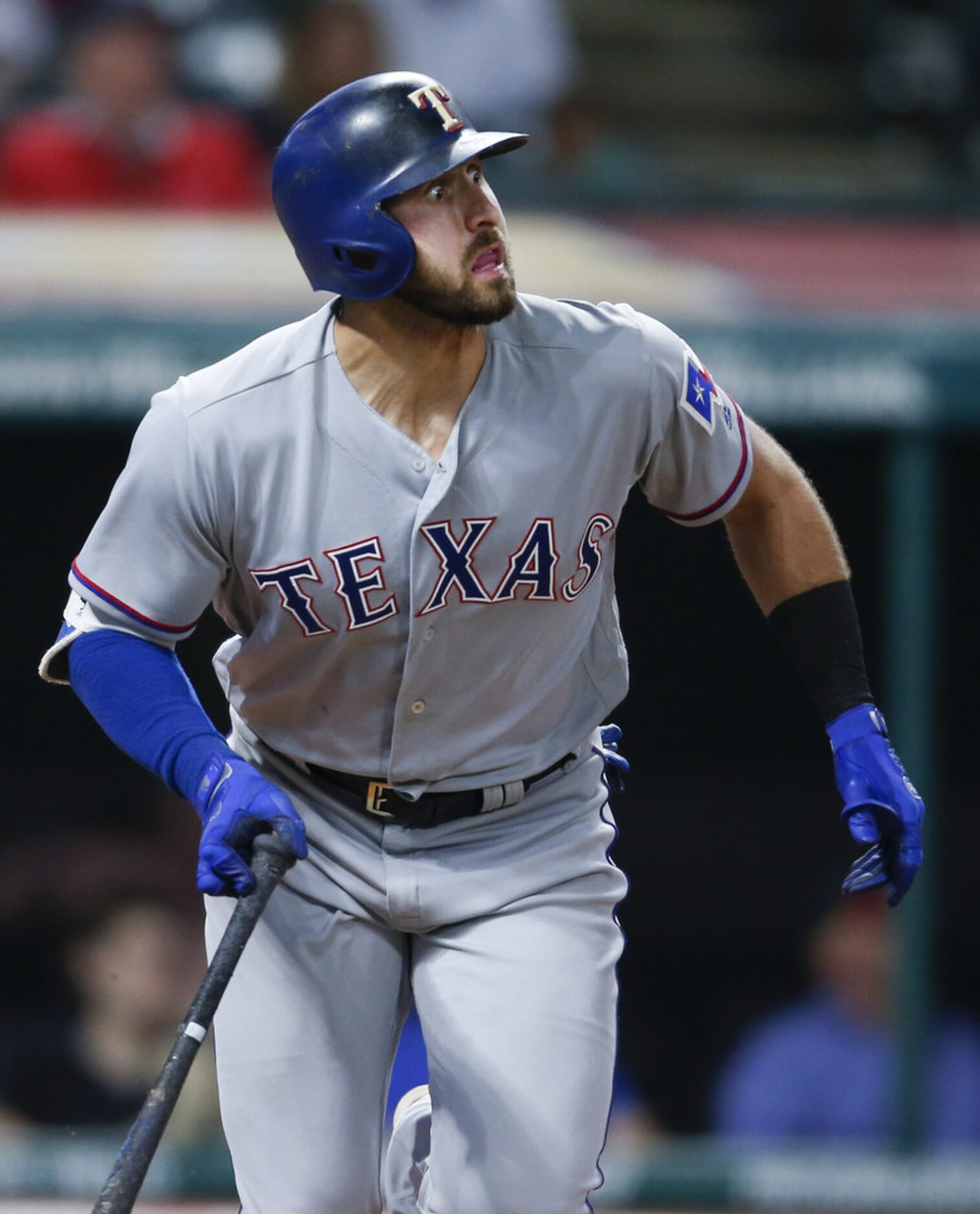 CLEVELAND, OH - MAY 01: Joey Gallo #13 of the Texas Rangers hits a solo home run  off Nick...