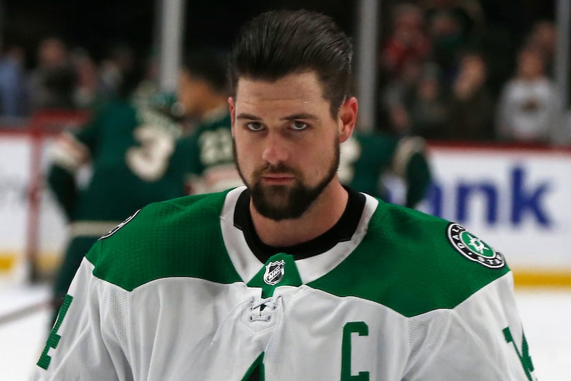 Dallas Stars' Jamie Benn warms up before the first period of an NHL hockey game against the...