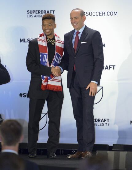 Jacori Hayes with MLS Commissioner Don Garber at the 2017 MLS SuperDraft.