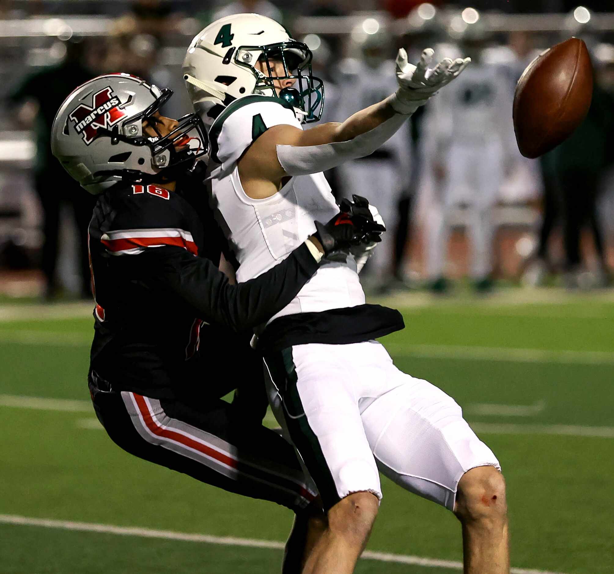 Prosper wide receiver Houston Hawkins (4)  can't come with a reception against Flower Mound...
