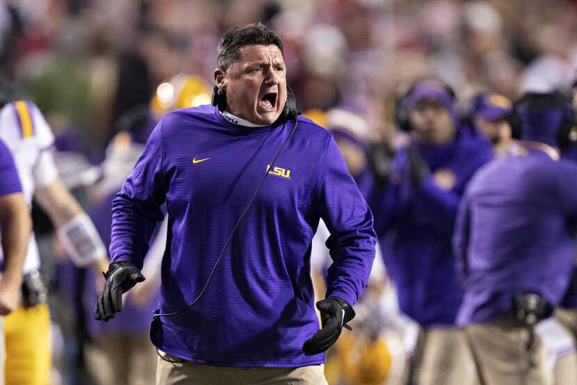 FAYETTEVILLE, AR - NOVEMBER 10:  Head Coach Ed Orgeron of the LSU Tigers celebrates with his...