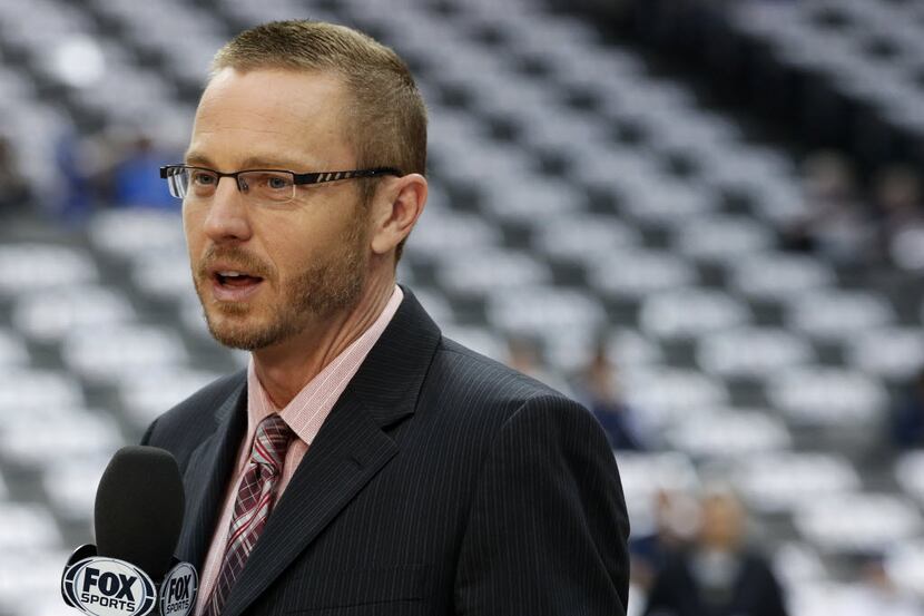 Mark Followill broadcasts before the game between the Dallas Mavericks and the Portland...