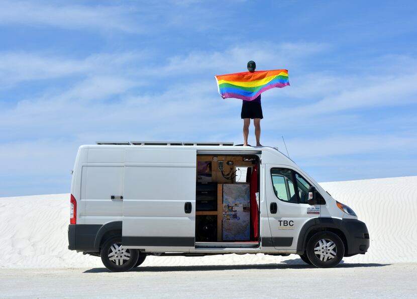 Meyer atop his van at White Sands National Monument, when he was exactly one-third of the...