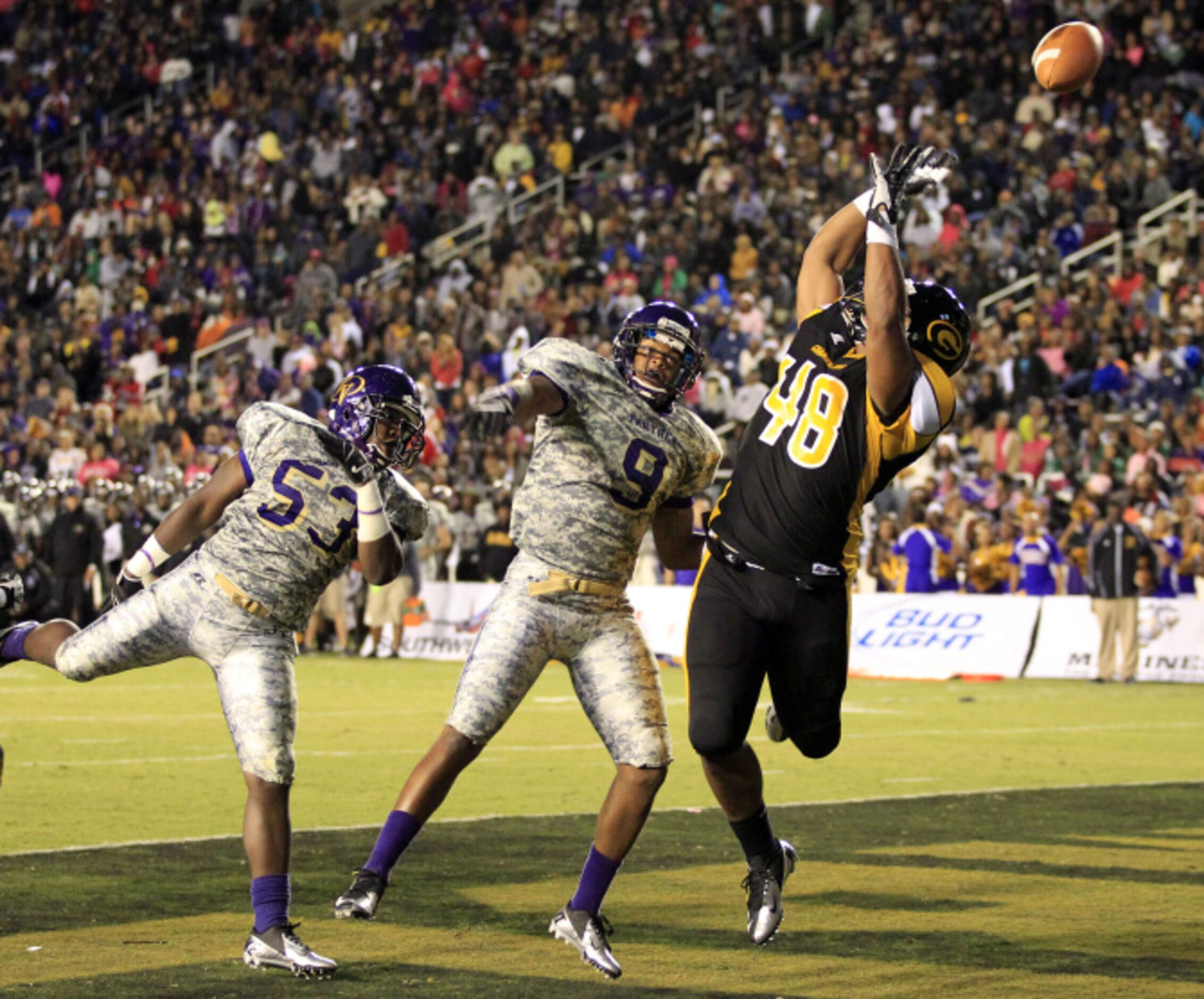 Grambling fullback Oshae Hamilton (48) can't get to a high thrown pass in the end zone, as...