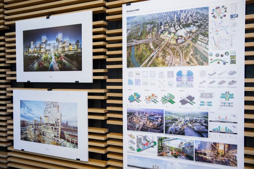 Artist renderings of pitches for Amazon's possible Dallas HQ2 location were displayed during...