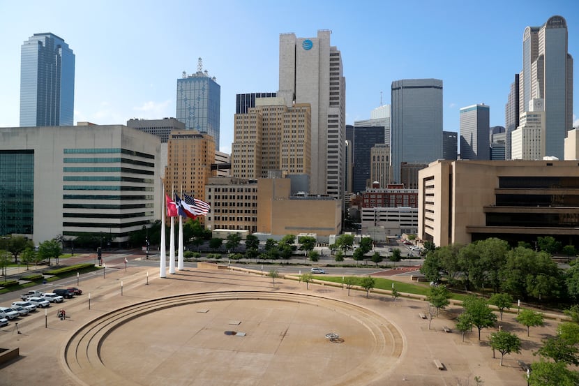A view of downtown Dallas, before a news conference at City Hall, Wednesday, April 22, 2020....