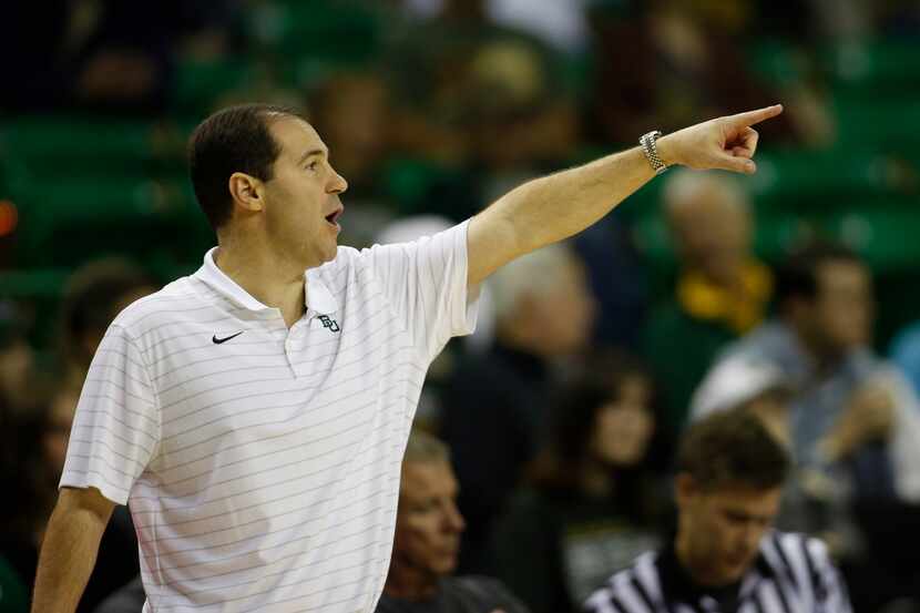 Baylor head coach Scott Drew directs his players during first half action against Alcorn...