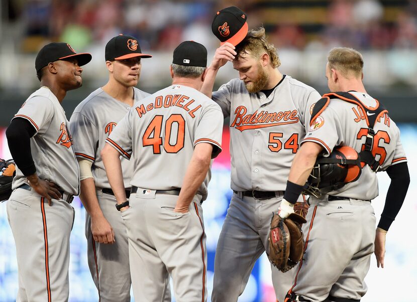 MINNEAPOLIS, MN - JULY 5: Pitching coach Roger McDowell #40 of the Baltimore Orioles visits...