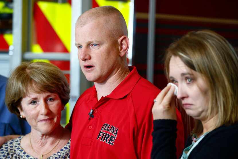 Celina firefighter Andrew Needum; his mother, Julie Needum; and his wife, Stephanie Needum,...