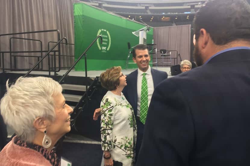 Donald Trump Jr. speaks with guests following his speech at the University of North Texas'...
