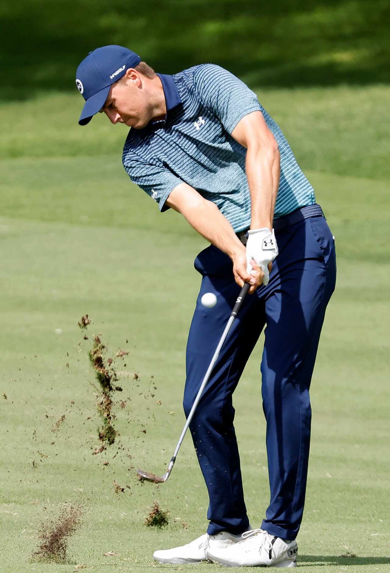 Professional golfer Jordan Spieth makes his approach shot on No.18 during round one of the...