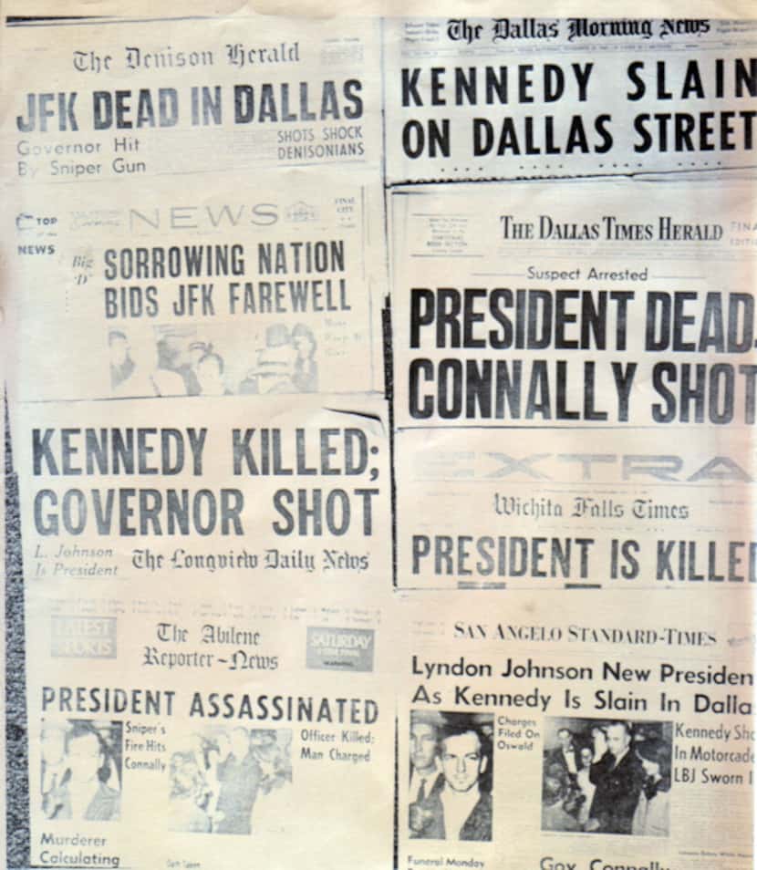 News of President John F. Kennedy's assassination is bannered across the front pages of...