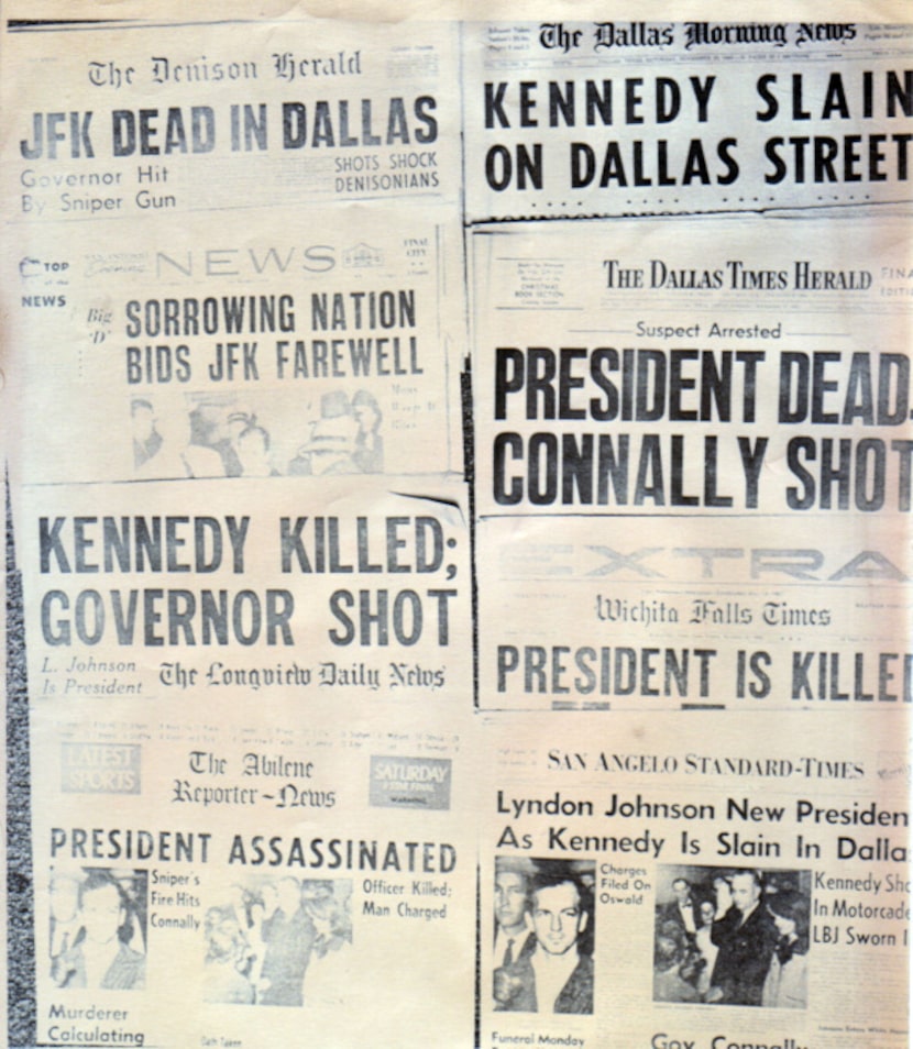 News of President John F. Kennedy's assassination is bannered across the front pages of...