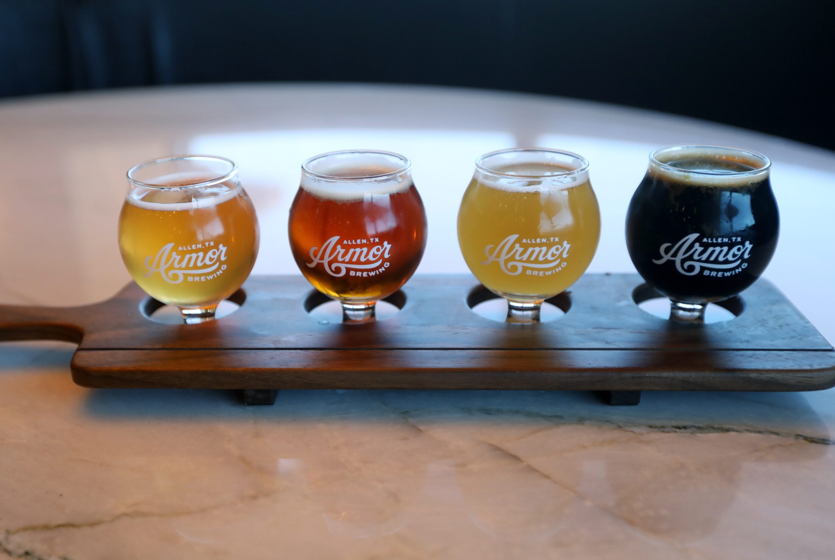 A flight of beer tastings at Armor Brewing Company in Allen, Texas, Thursday, October 19,...