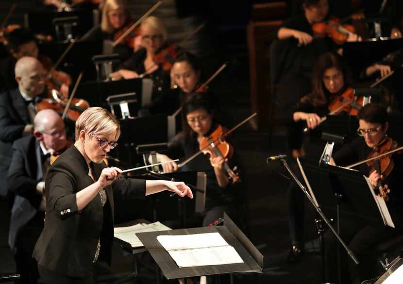 Maria Sensi-Sellner conducts during the Dallas Opera's Hart Institute for Women Conductors...