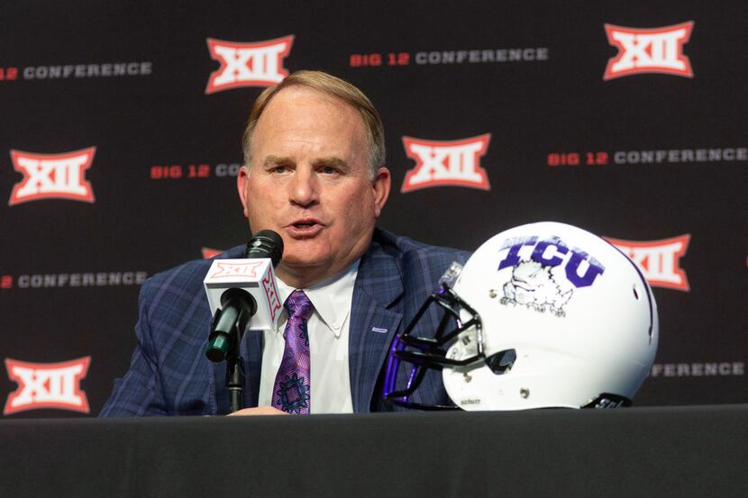 Texas Christian University head football coach Gary Patterson speaks during the Big 12...
