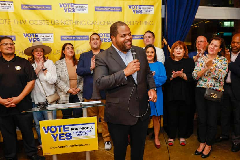 Dallas Mayor Eric Johnson address supporters and community leaders after the apparent...