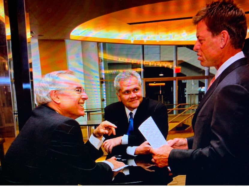 Sports commentator Brad Sham (left), Tony Fay and Troy Aikman at AT&T Stadium for a Super...