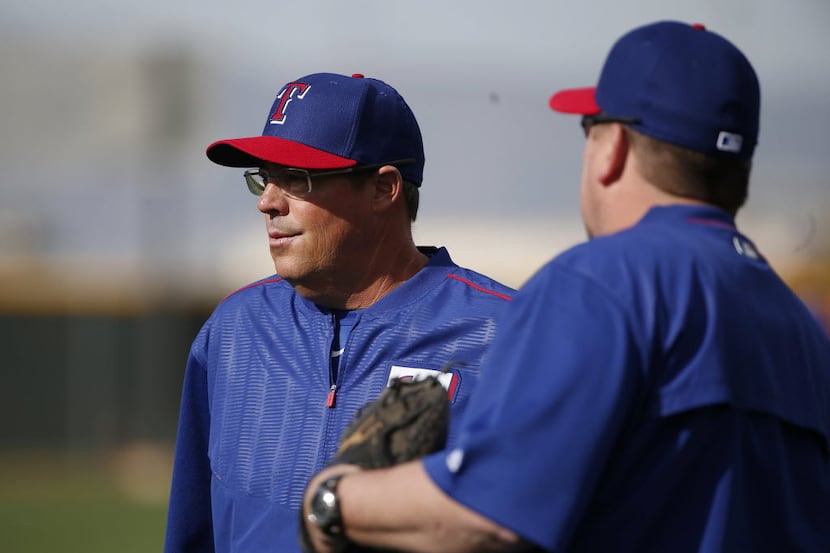 Greg Maddux, special assistant to general manager Jon Daniels, during a workout at the Texas...
