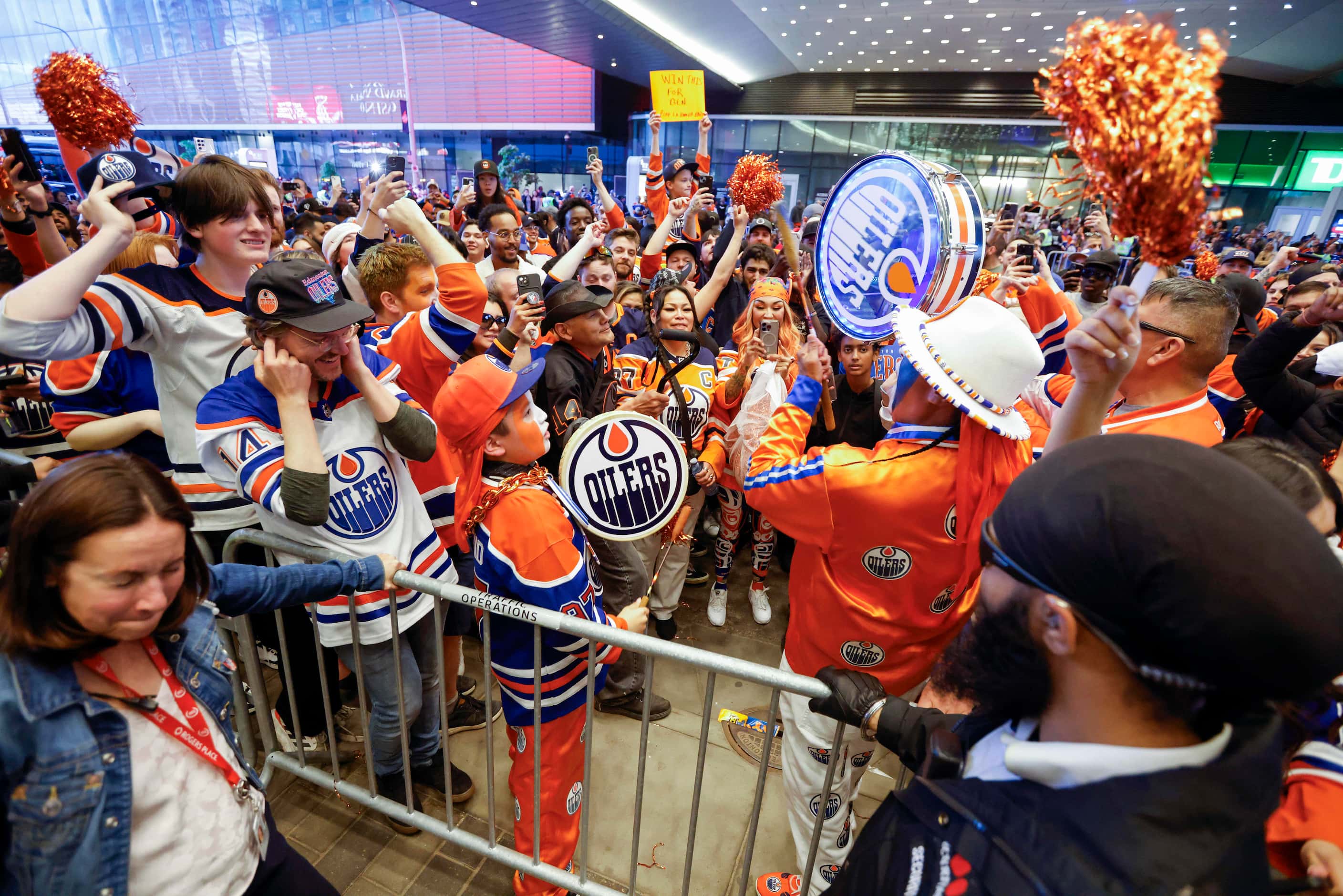 Edmonton Oilers fans celebrate winning the Stanley Cup Western Conference finals over the...