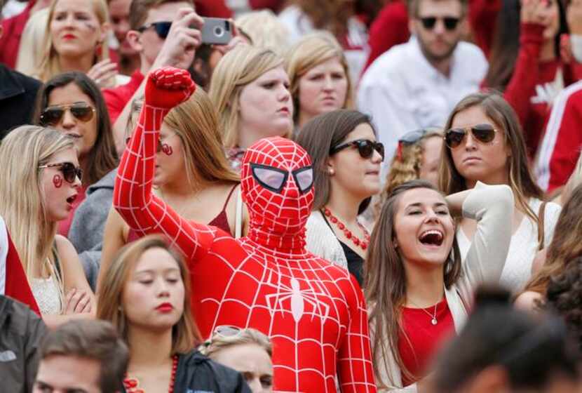 
Who knew Spider-Man was an OU fan? The comic book superhero cheers along with Oklahoma...