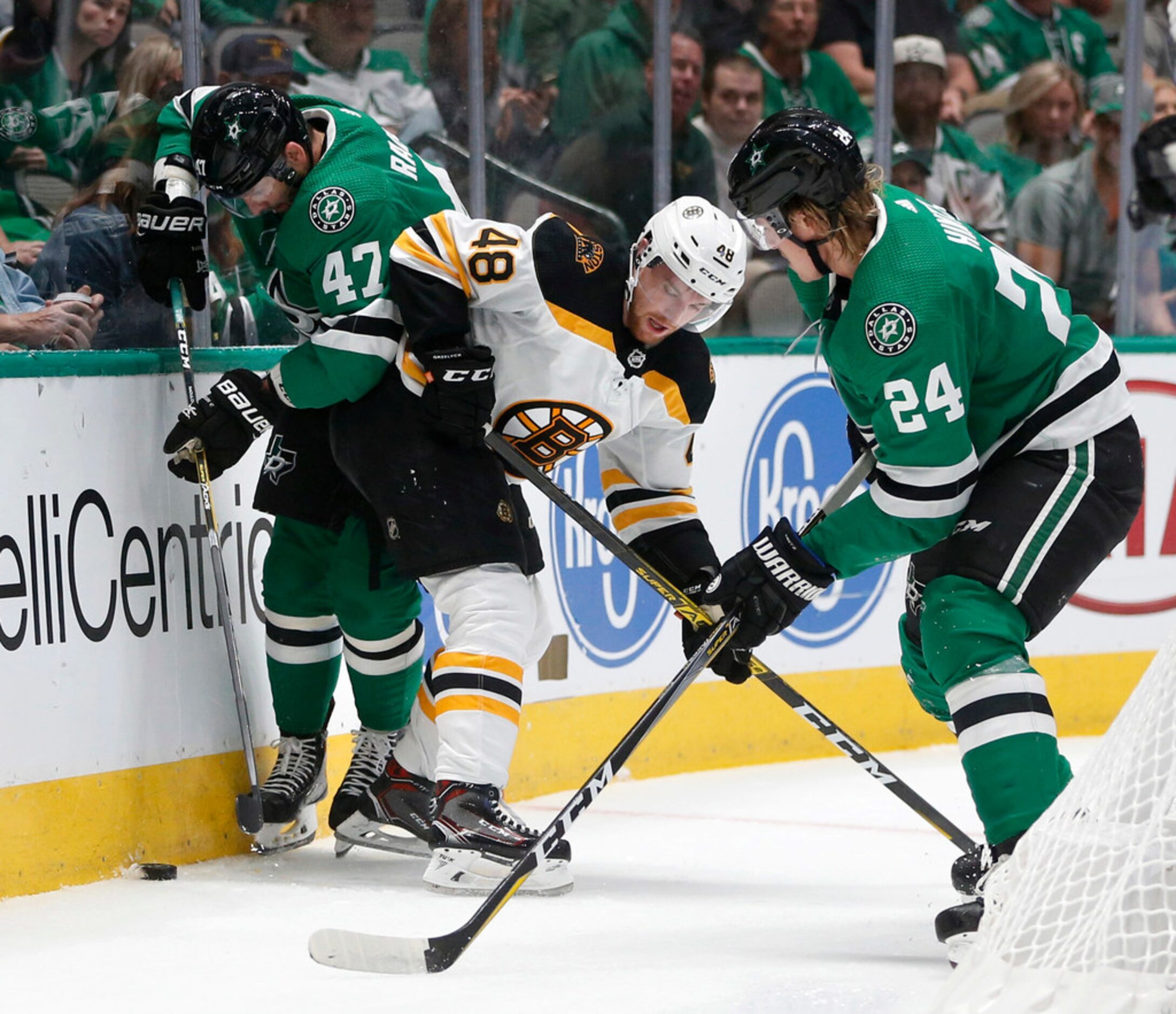 Dallas Stars right wing Alexander Radulov (47), Boston Bruins defenseman Matt Grzelcyk (48)...