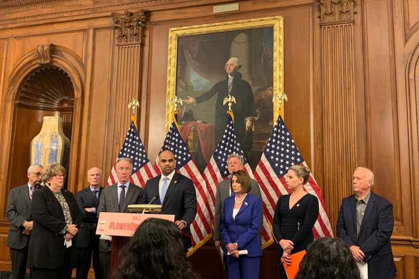 Rep. Colin Allred, D-Dallas, attends a news conference about a bill to lower the cost of...
