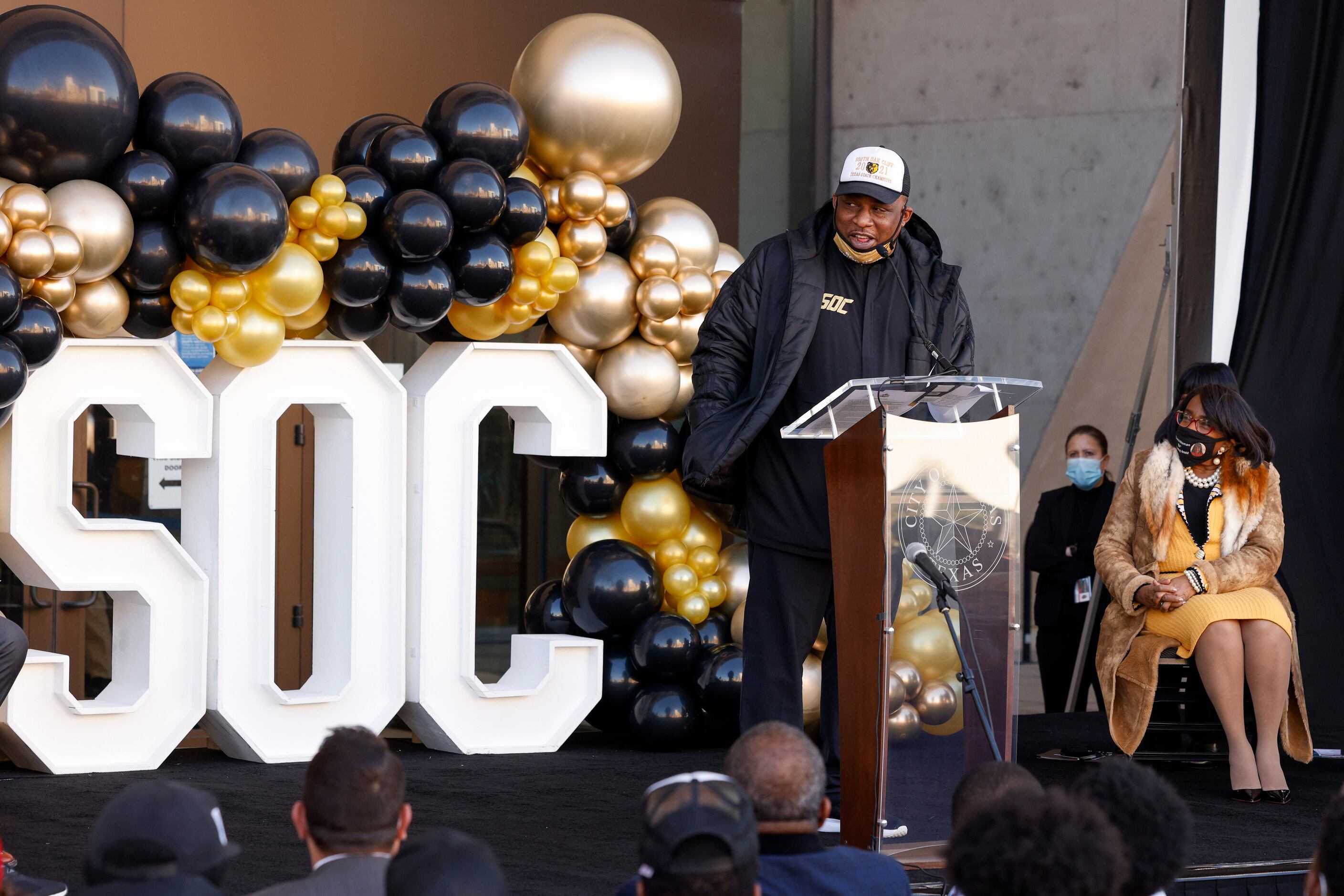 South Oak Cliff head coach Jason Todd speaks during a ceremony recognizing South Oak Cliff’s...
