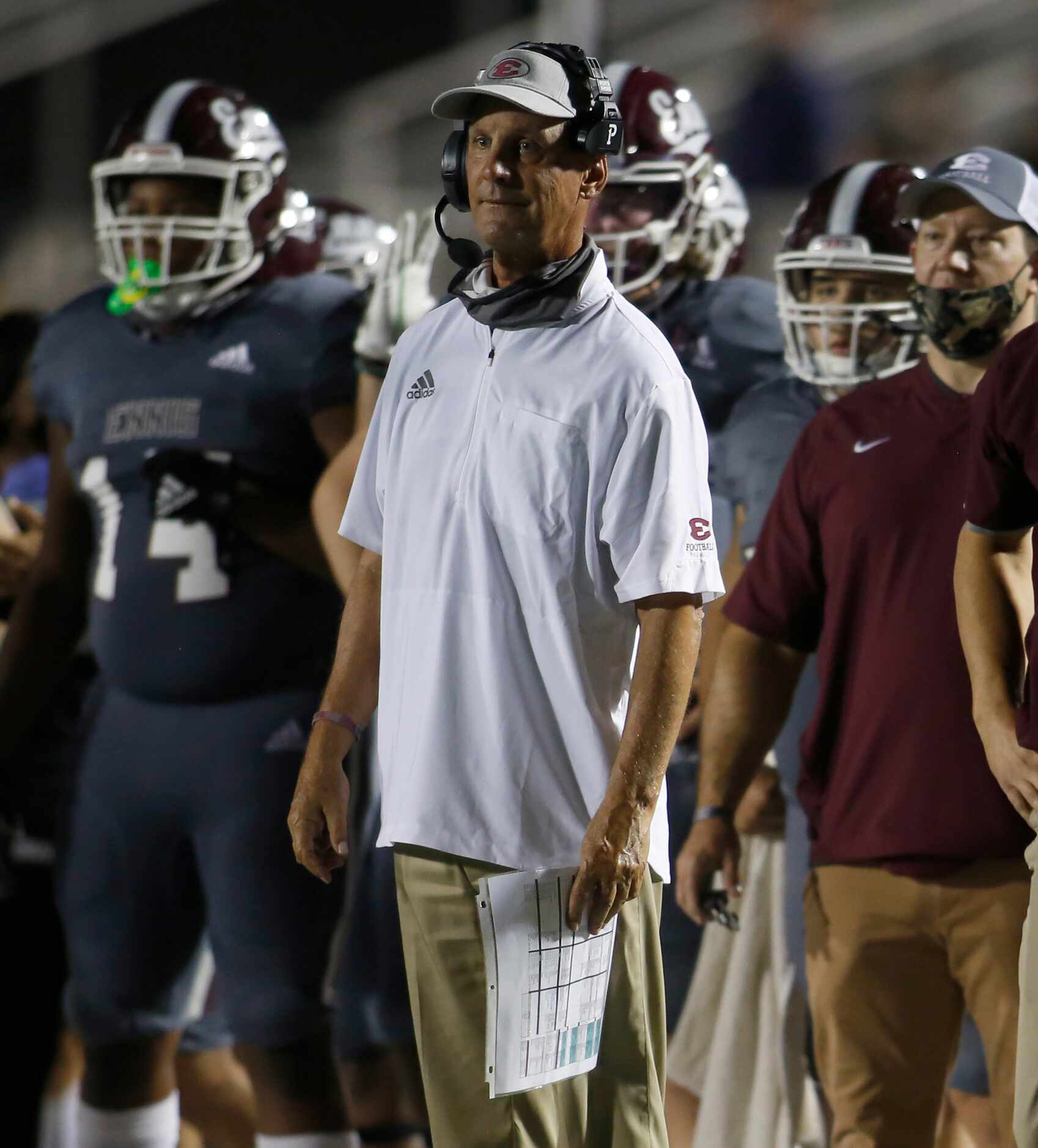 Ennis head coach Sam Harrell looks on from the Lions sidelines during first half action...