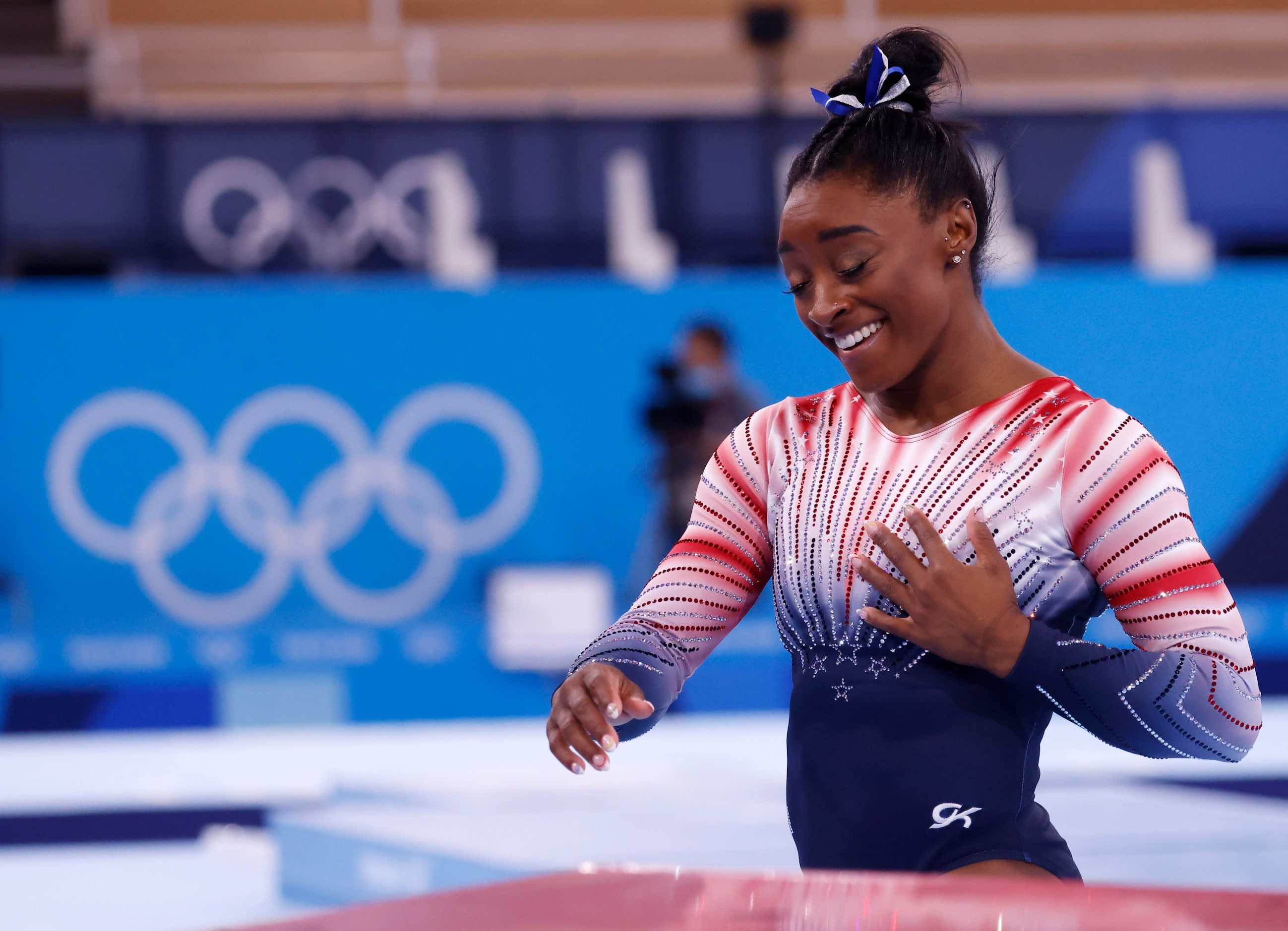 USA’s Simone Biles after competing in the women’s balance beam final at the postponed 2020...