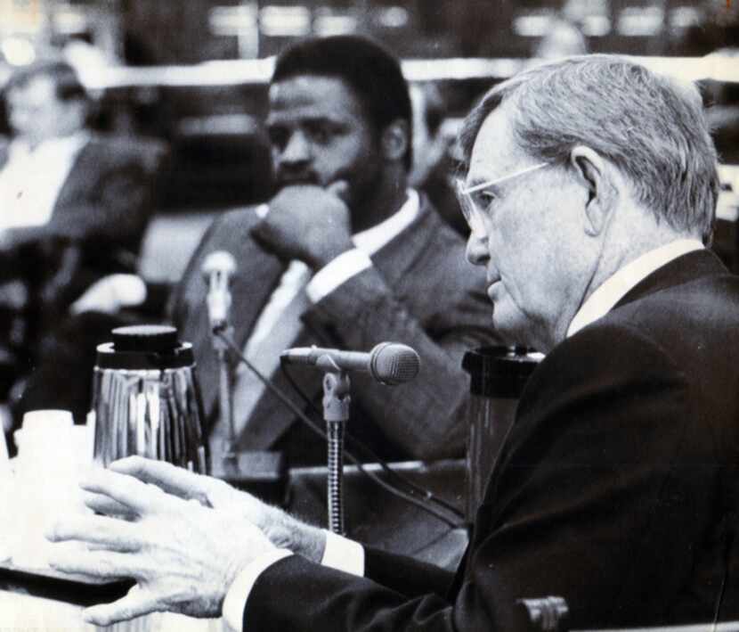 On March 1, 1989, Former University of Texas football coach Darrell Royal testifies before a...