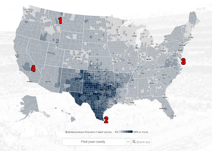 Point No. 1 on the map is Powell County, MT. Point No. 2 is Cameron County, Texas. Point No....