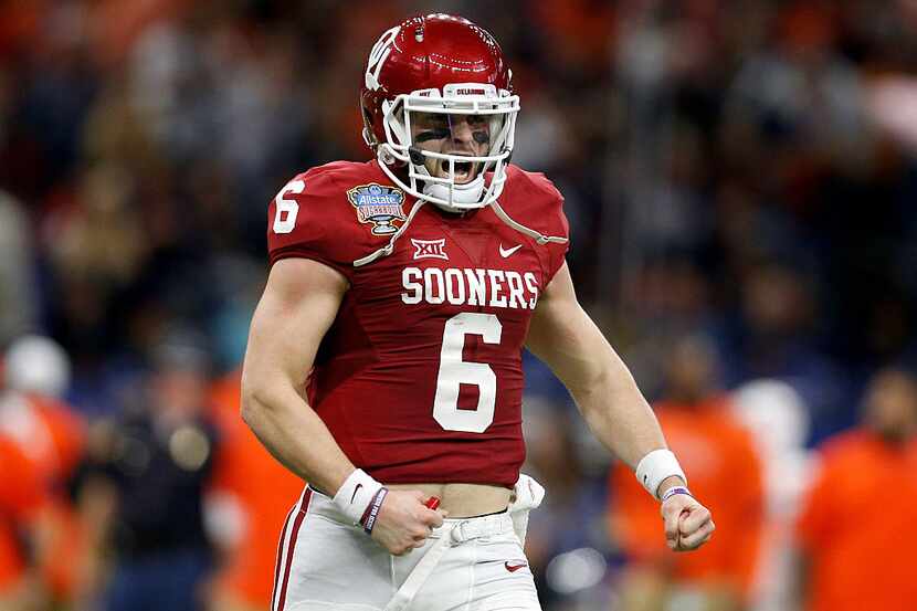 NEW ORLEANS, LA - JANUARY 02:  Baker Mayfield #6 of the Oklahoma Sooners reacts after a...