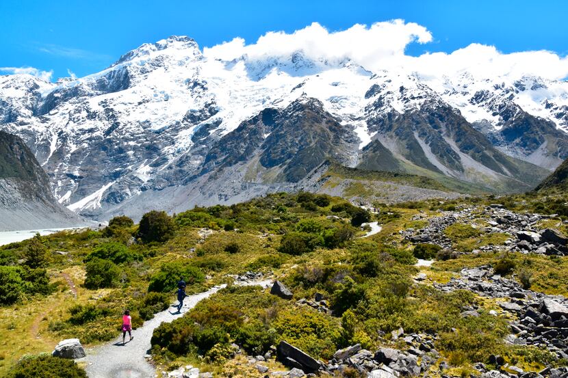 A trail leads to the base of the Hooker Glacier at the bottom of Mount Cook, New Zealand’s...