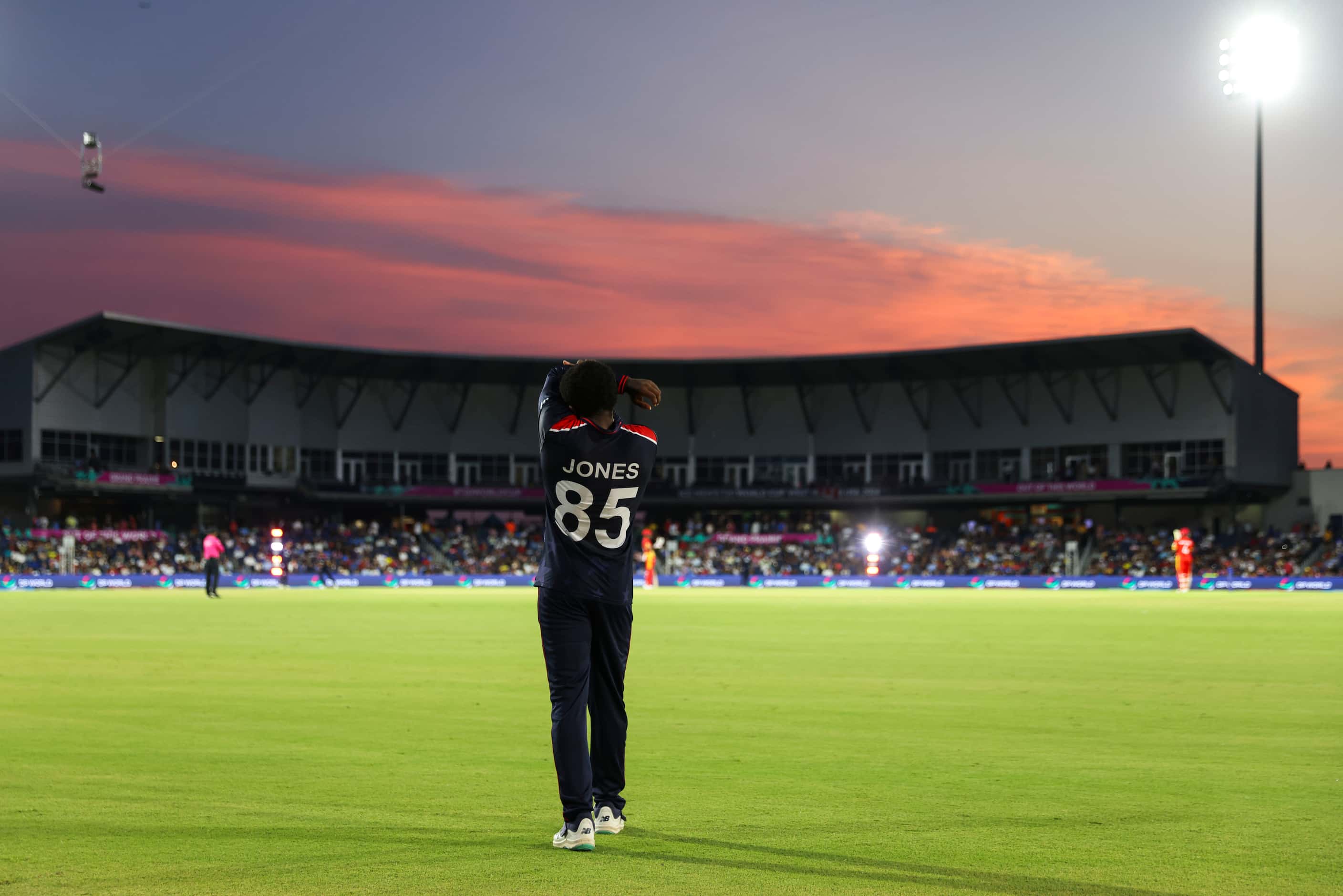 United States' Aaron Jones remains by the boundary line during the men's T20 World Cup...