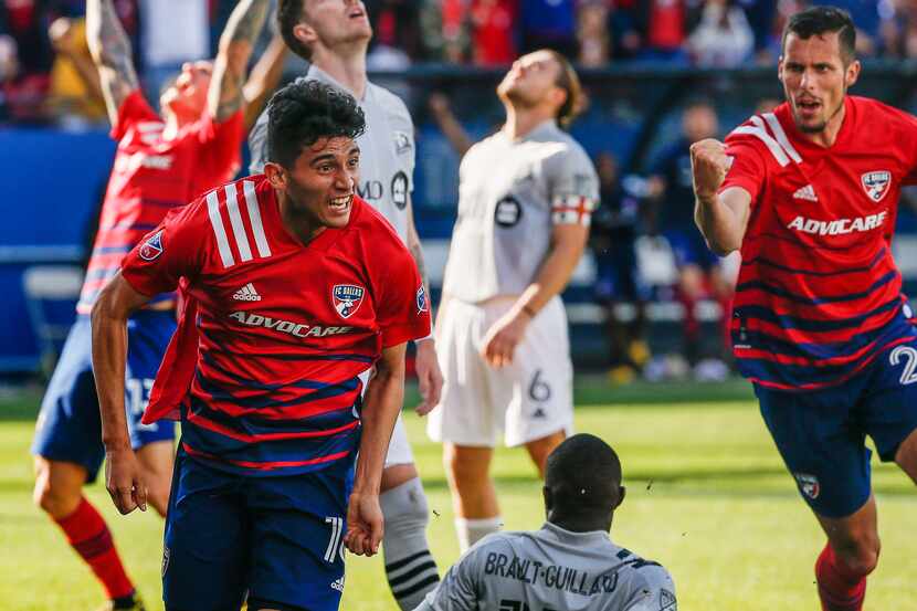 FC Dallas forward Ricardo Pepi, front left, reacts after scoring during the second half of...