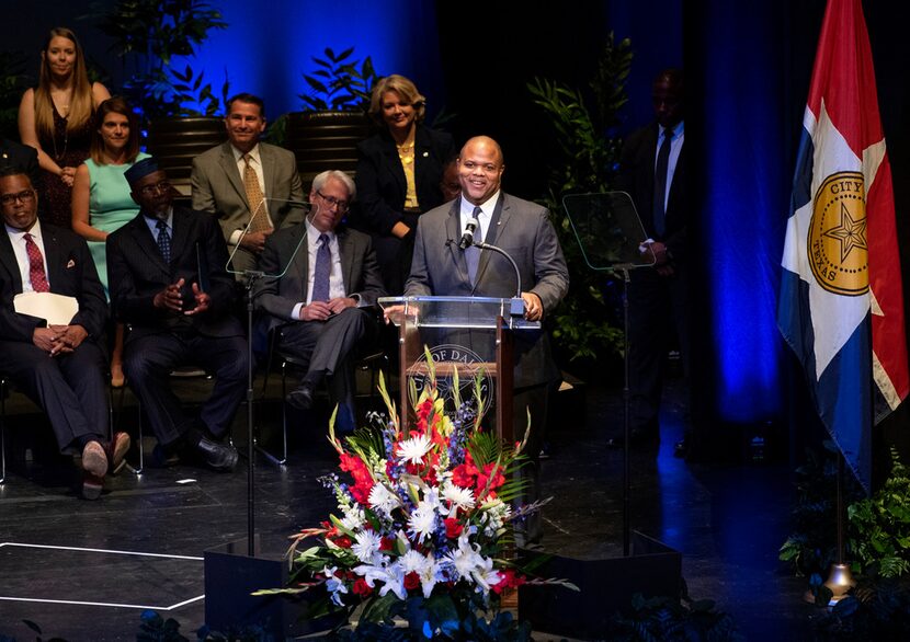 Newly-inaugurated Dallas Mayor Eric Johnson speaks after taking the oath of office on...