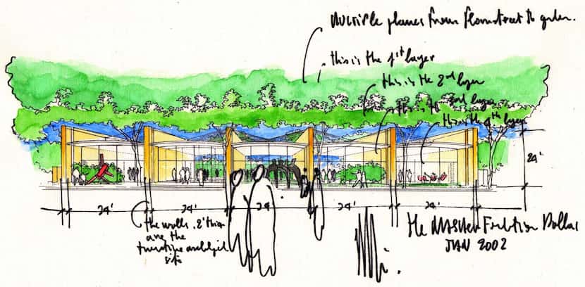 Renzo Piano sketch of the Flora Street facade of the Nasher Sculpture Center.