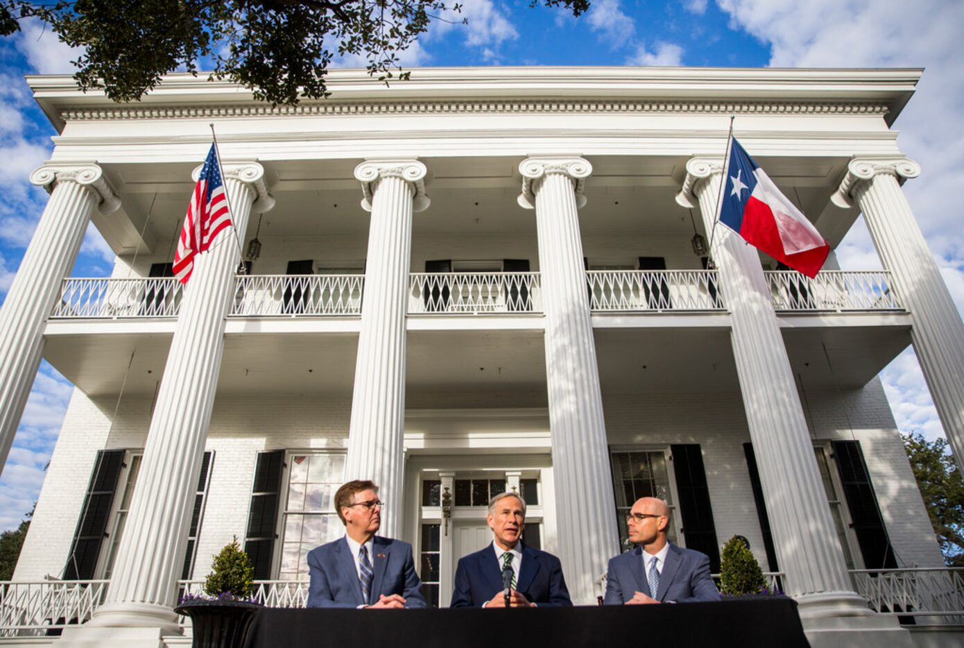 Lt. Governor Dan Patrick, Gov. Greg Abbott and House Speaker Dennis Bonnen spoke at a news...