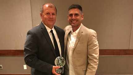 July 8, 2017: FC Dallas' Clem Oancea (left) with Luchi Gonzalez as Oancea is honored as the...