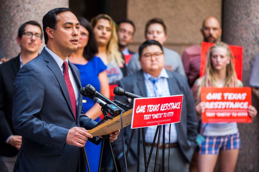 U.S. Rep. Joaquin Castro speaks during a One Texas Resistance press conference in Austin on...