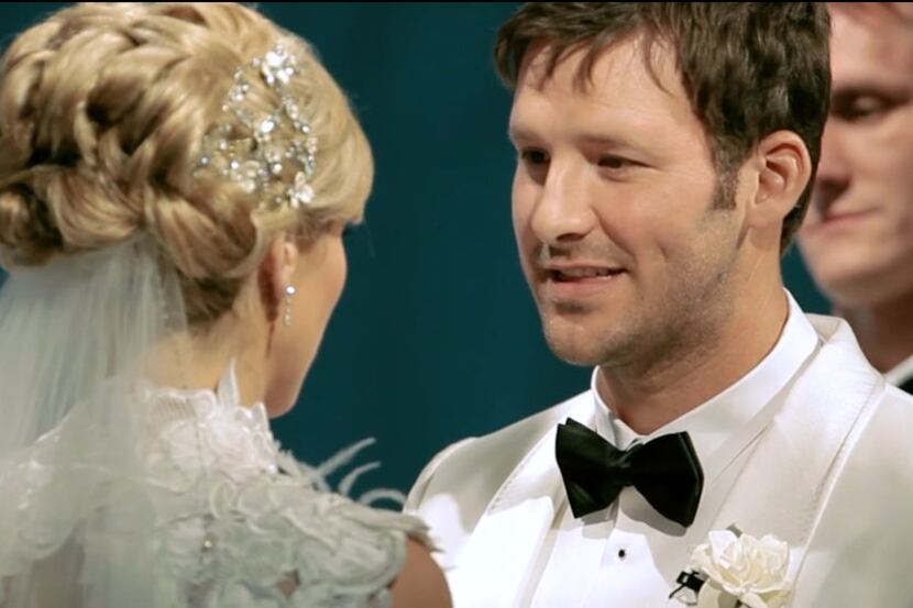 Screen capture of Tony Romo giving his wedding vows to Candice Crawford.