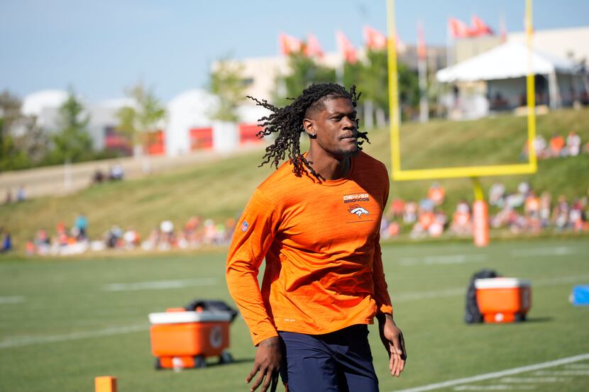 Denver Broncos linebacker Randy Gregory takes part in drills during the NFL football team's...
