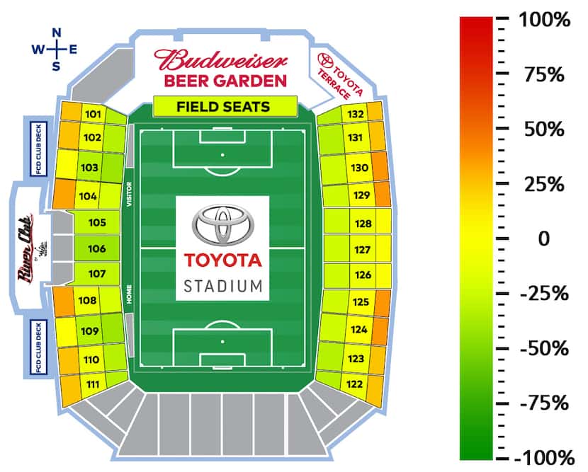 A map comparing 2017 season ticket prices at Toyota Stadium, compared with those in 2016.