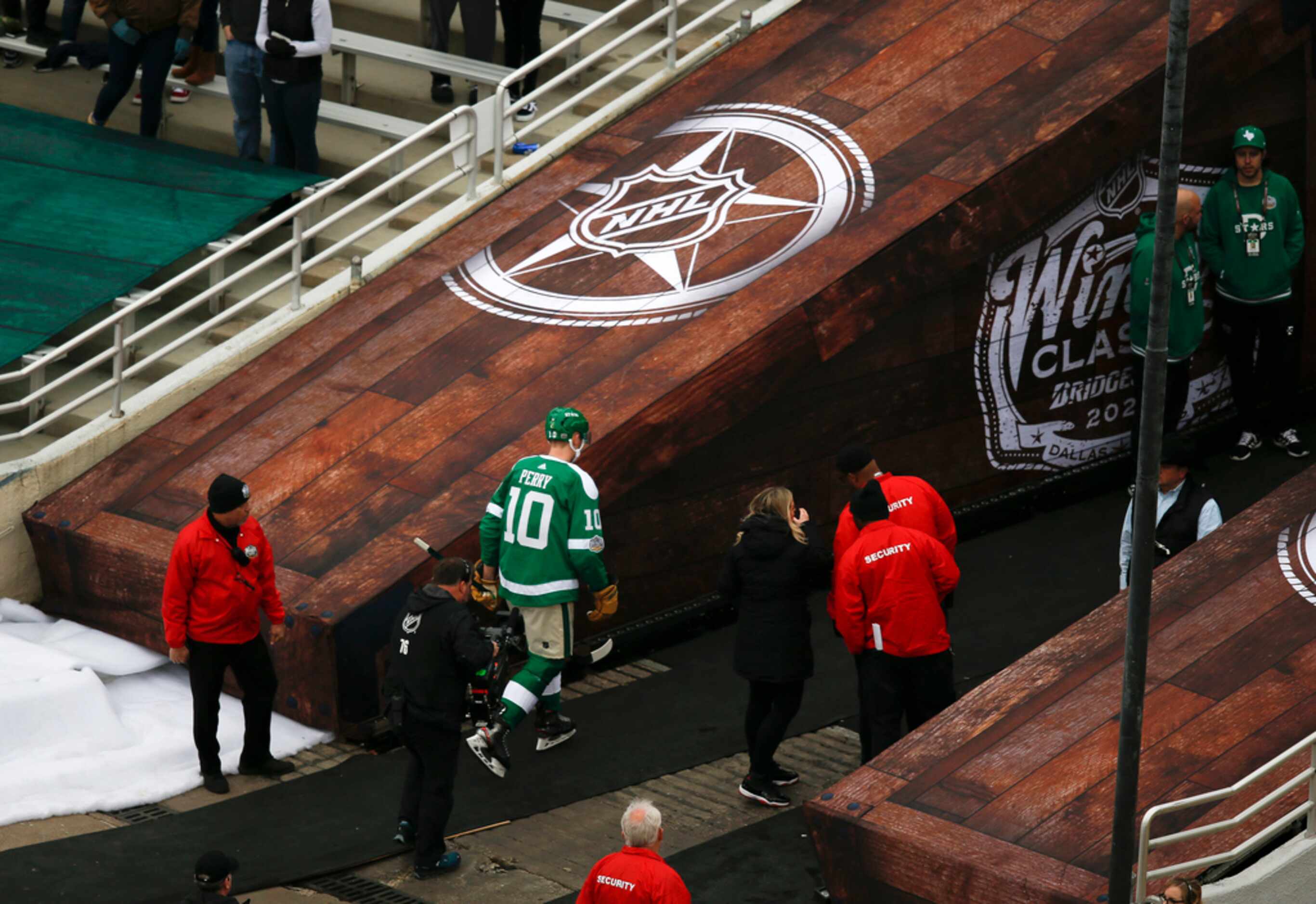 Dallas Stars right wing Corey Perry (10) exits the ice after being penalized for elbowing...