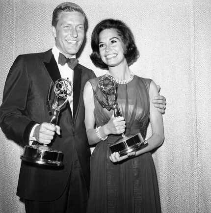 Dick Van Dyke, left, and Mary Tyler Moore co-stars of The Dick Van Dyke Show pose backstage...